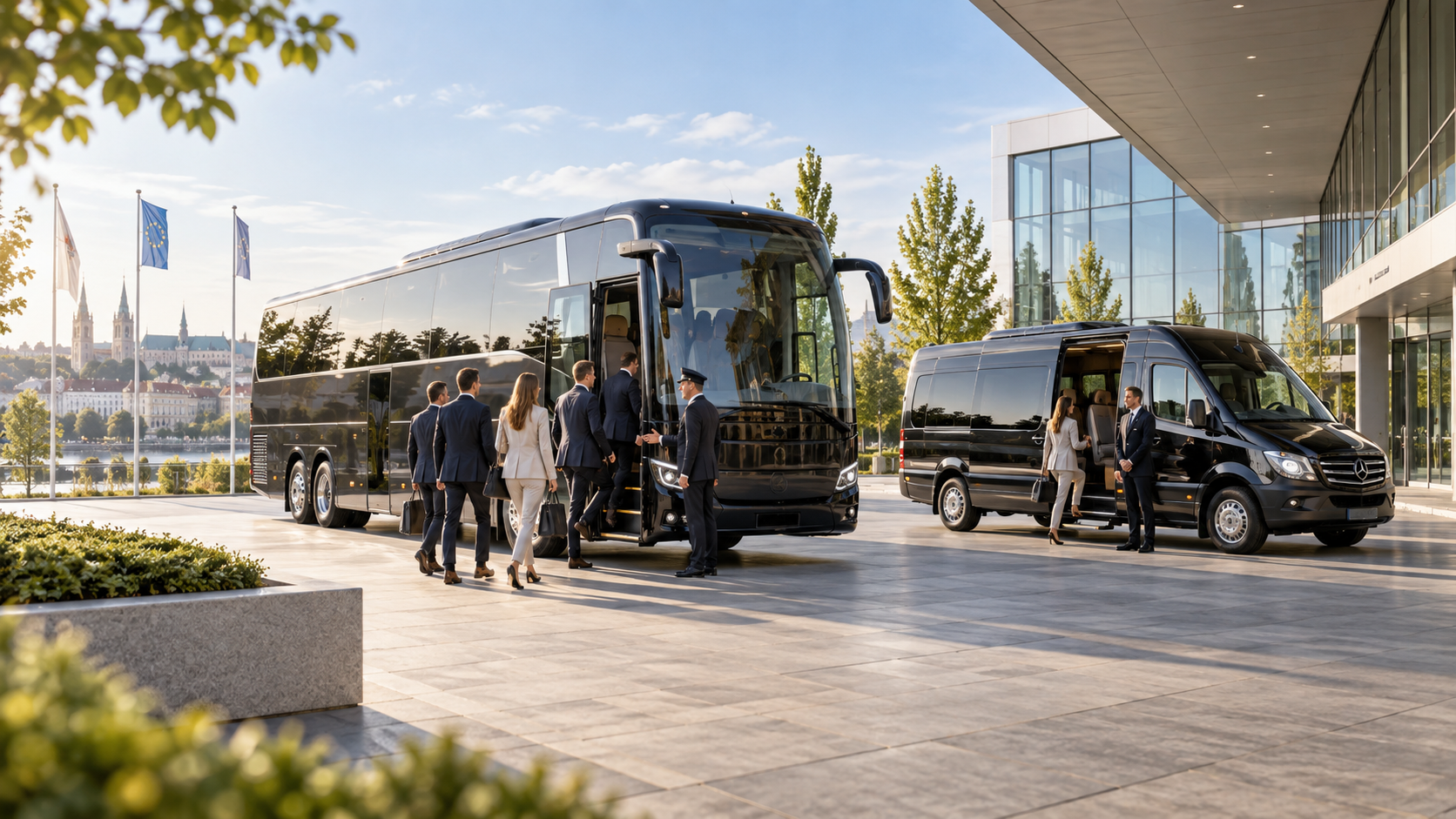 Transportas įmonių renginiams – autobusų ir mikroautobusų nuoma Verslo renginio dalyviai lipa į autobusą ir mikroautobusą prie modernaus konferencijų centro